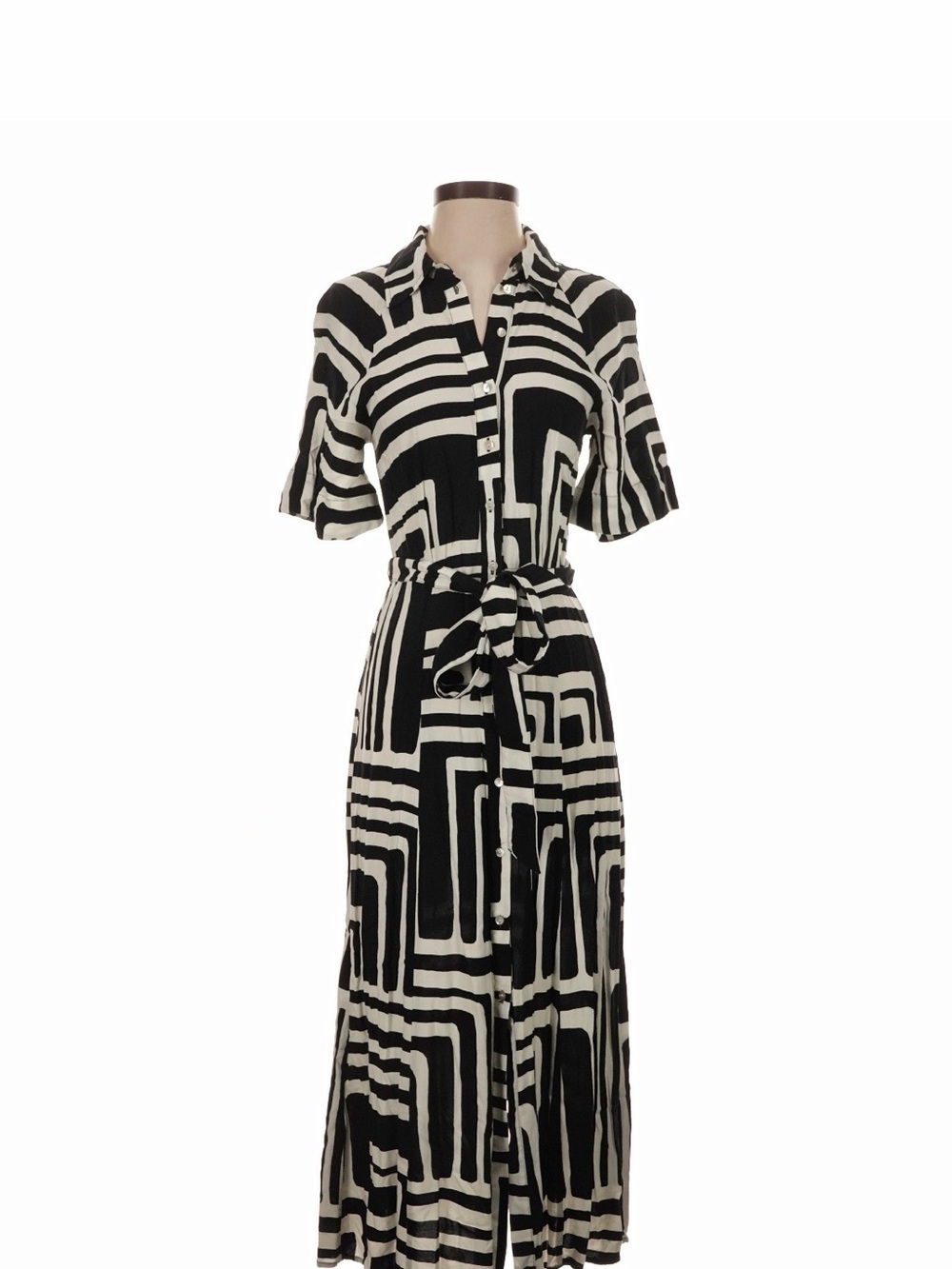 H&M Black & White Geometric Maxi Shirt Dress with Waist Tie